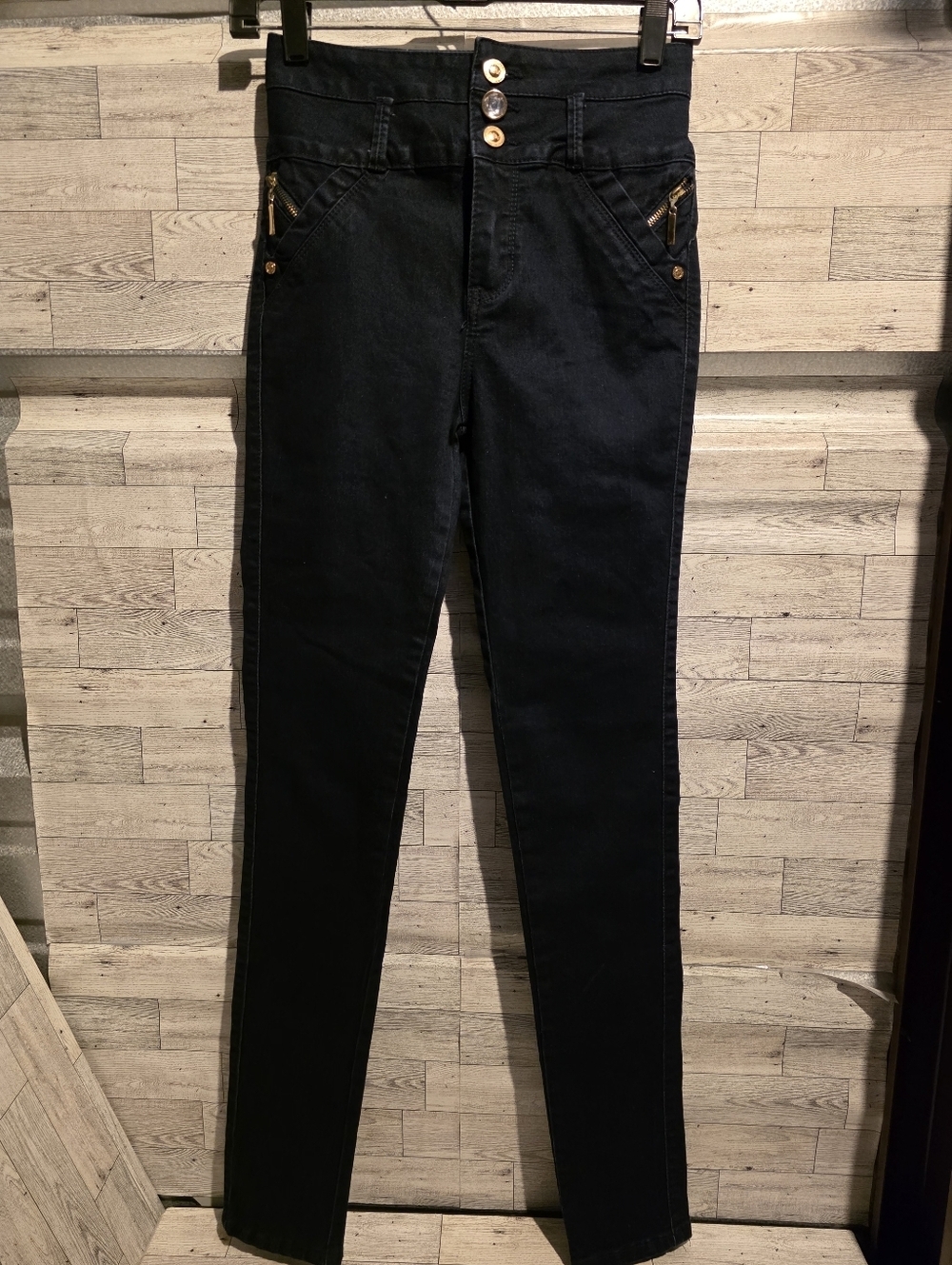 High-Rise Black Skinny Jeans with Gold Hardware
